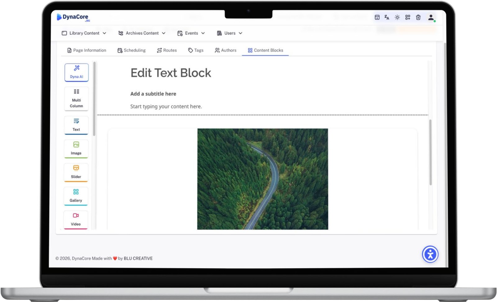 DynaCore block editor on a laptop