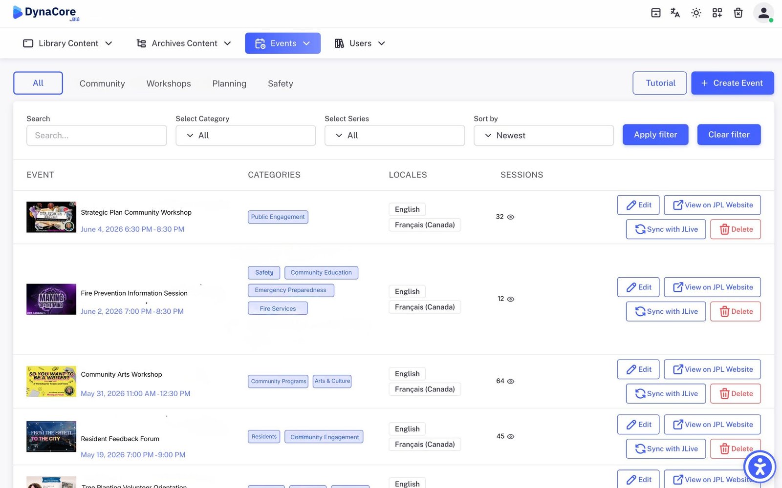 DynaCore events administration with category filters, locales, session counts and sync controls