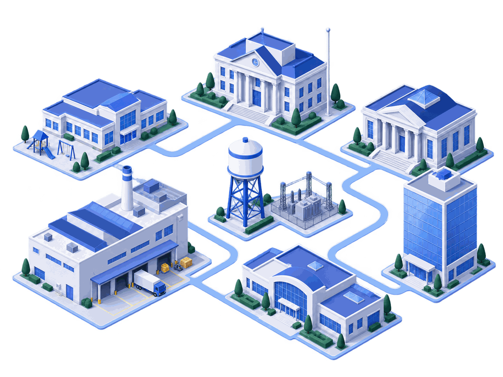 Isometric illustration of a town hall, school, library, water tower, factory, community centre and office tower connected by one path