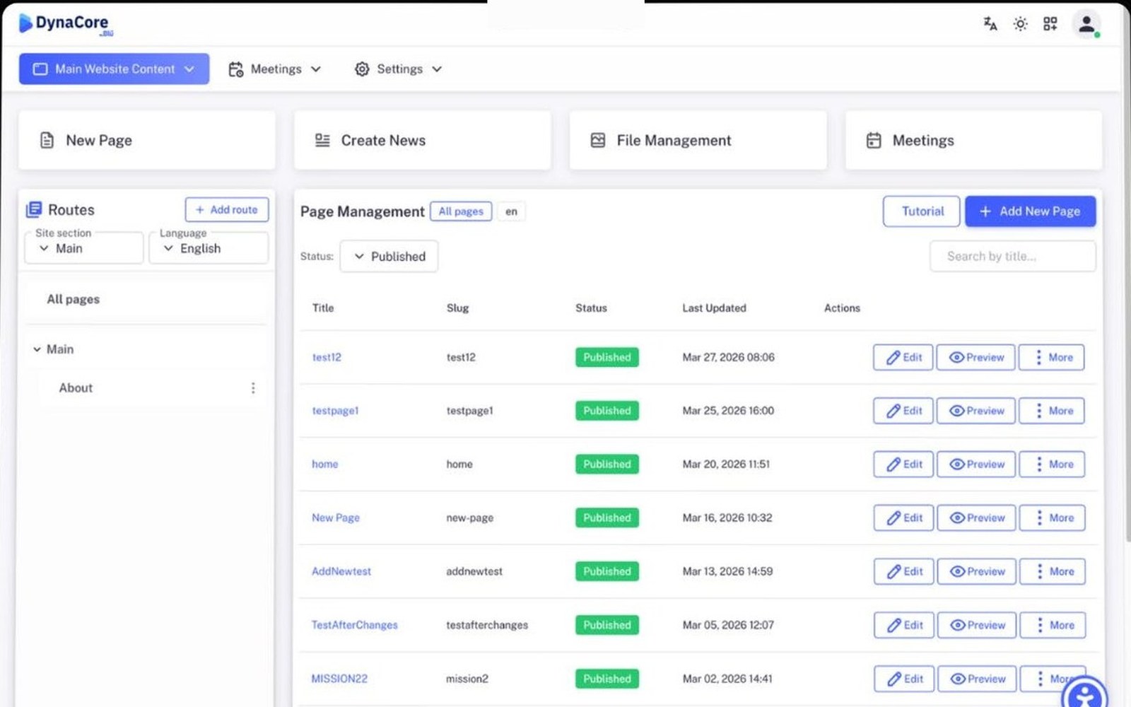 DynaCore page management dashboard
